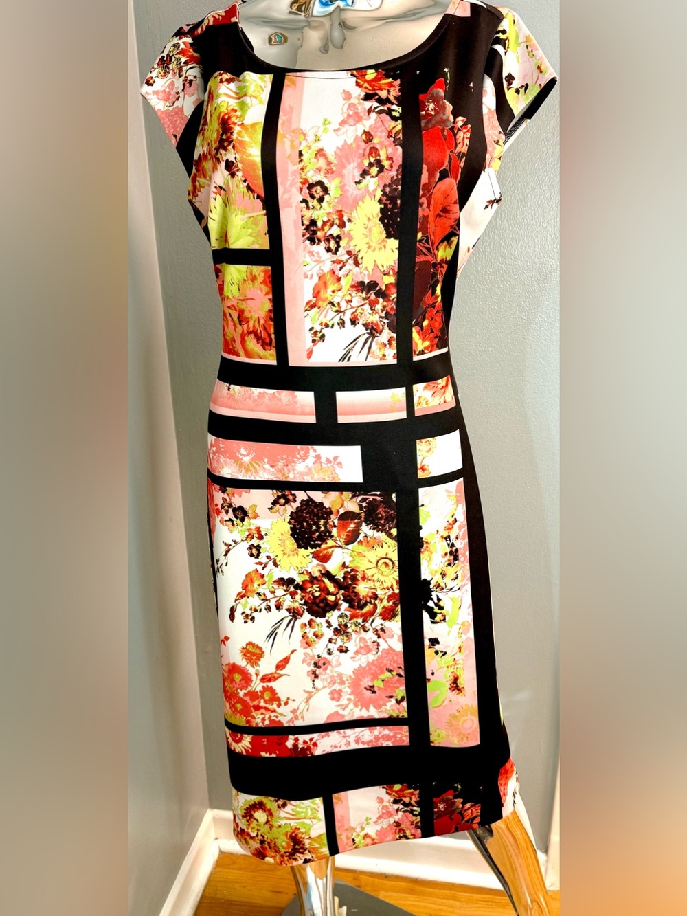 New York & Company Coral, Yellow & Black Floral Grid Midi Dress